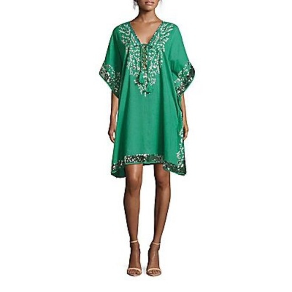 Saks Fifth Avenue Green Cotton Sequin Embroidered Kaftan Dress XS Resort Wear